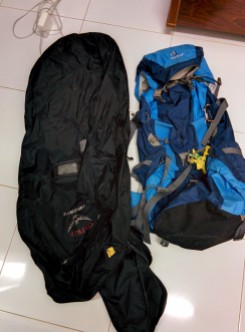 1 backpacking pack: I got a 60 liter bag which is smaller than others but I needed a small enough bag that would fit with my 5'0" frams. (http://www.rei.com/product/795606/deuter-act-lite-60-10-sl-pack-womens?partner=cse_PLA&mr:trackingCode=9AA9A1E3-F810-DF11-BAE3-0019B9C043EB&mr:referralID=NA) 1 backpacking backpack airport carrier. This thing is super useful. You just stick your backpacking pack in there and you won't have to worry about securing your straps. It also protects your bag during travel. Also, you can throw extra things into this bag if everything won't fit in your bag.